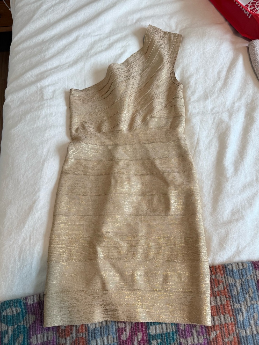 Herve Leger One-Shoulder Shimmery Gold Bandage Dress